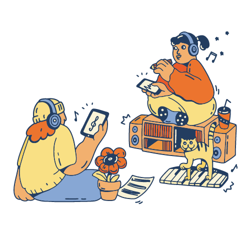 Dos alumnos estudiando con auriculares y radio