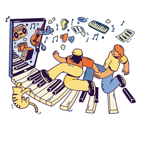 Alumno saltando desde una puerta de teclado de piano