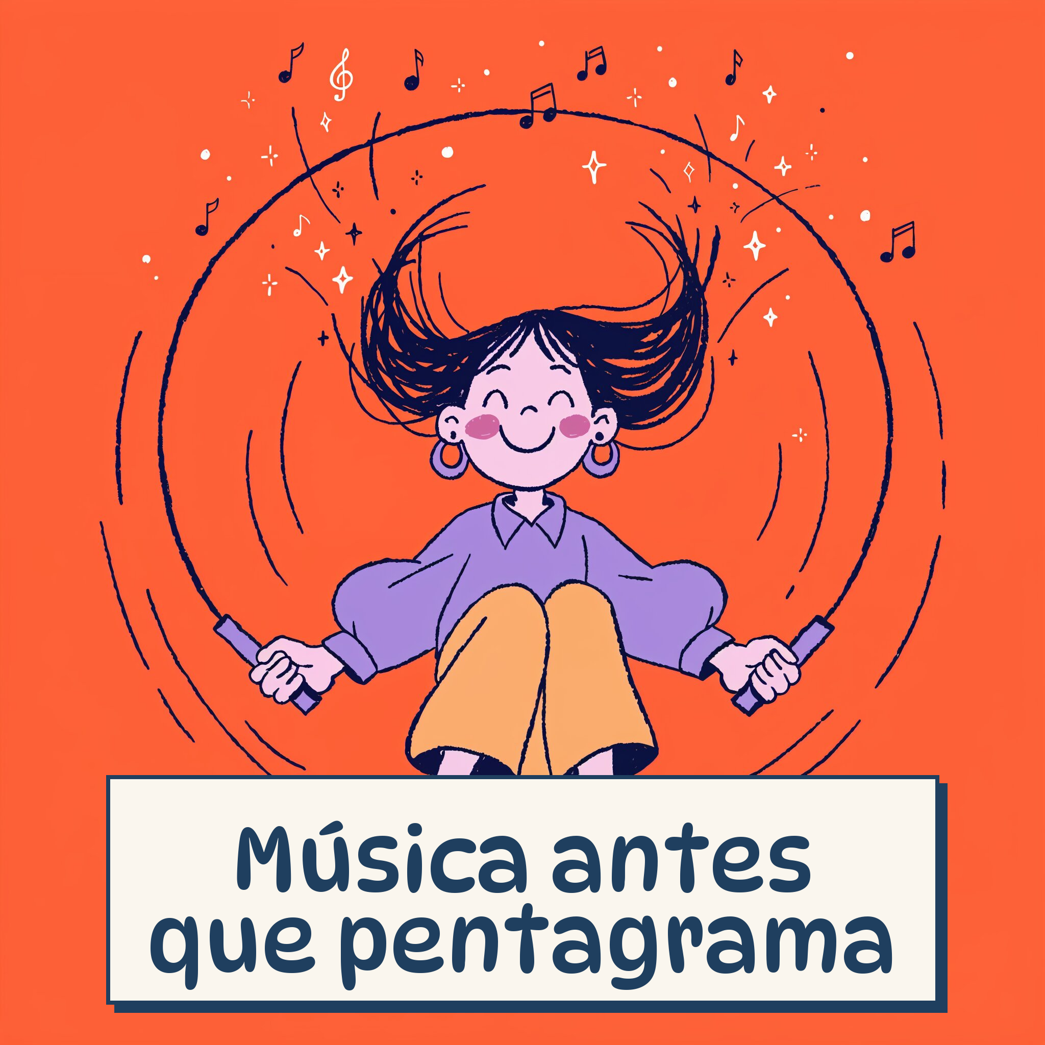 Ilustración de una niña saltando a la comba rodeada de notas musicales, con el lema «Música antes que pentagrama».